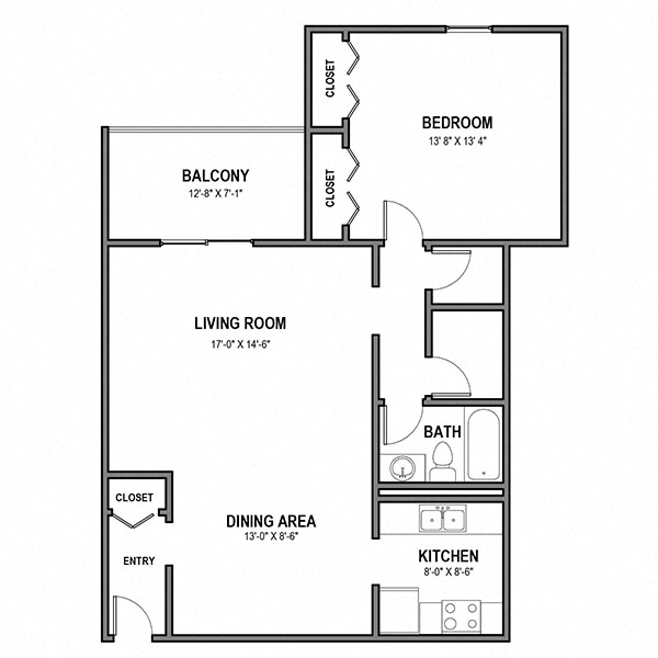 Floor plan for 1 bed, 1 bath, 950 sqft